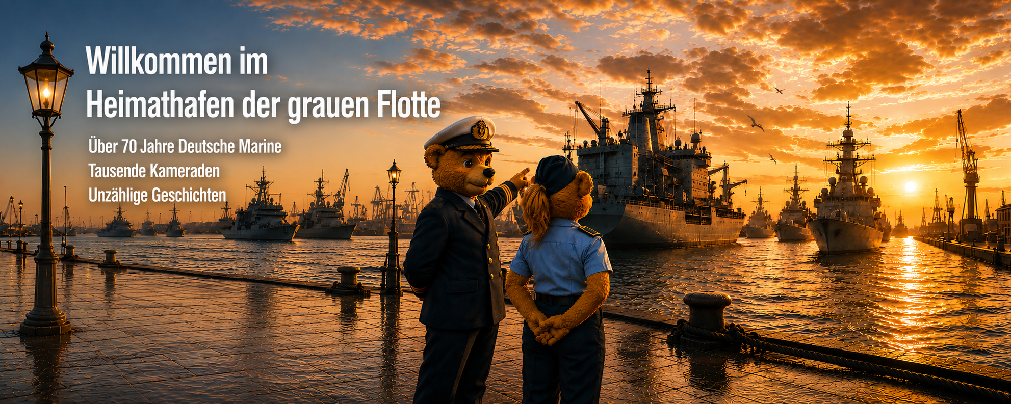 MeineMarine.de Banner mit FIETE und RIEKE am Hafen